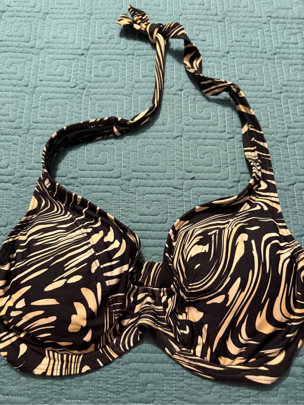 Swirl Print Halter Bikini Top in Black and Cream
